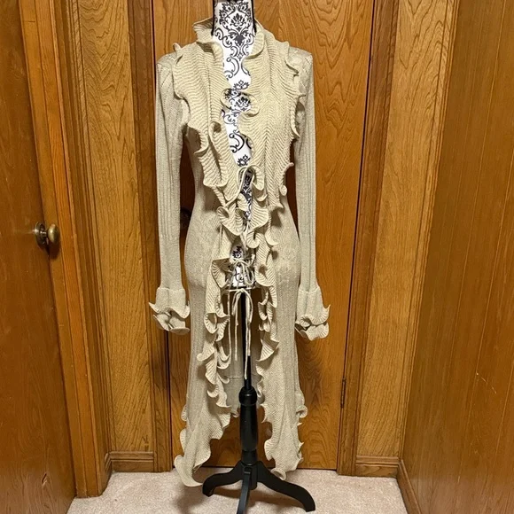 Boston Proper Tan Waterfall Ruffled Longline Cardigan with Ties Lightweight Med - Picture 1 of 11
